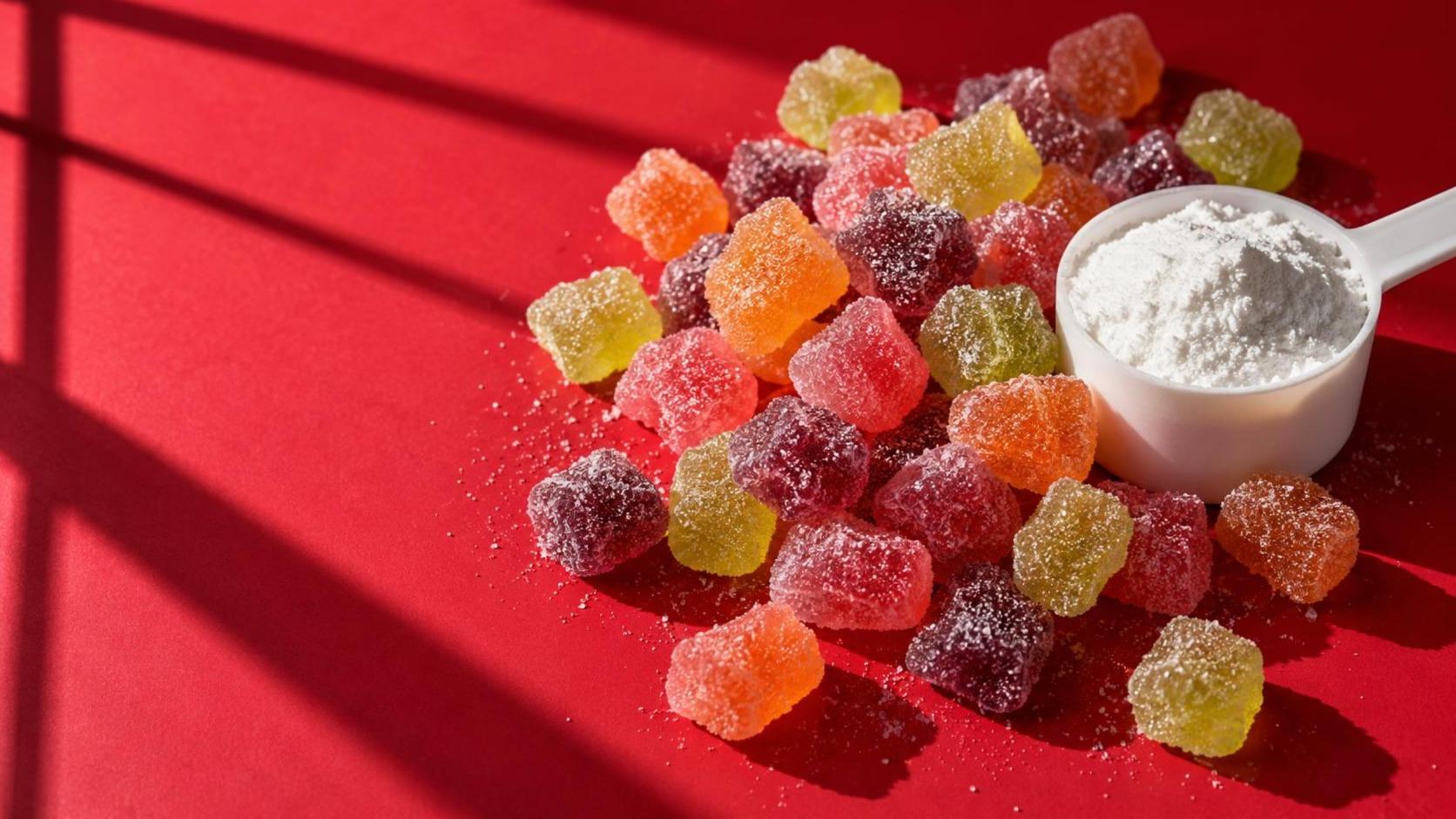 Illustration: sugar-coated creatine gummies and a scoop of white creatine powder on a red surface in hard window light