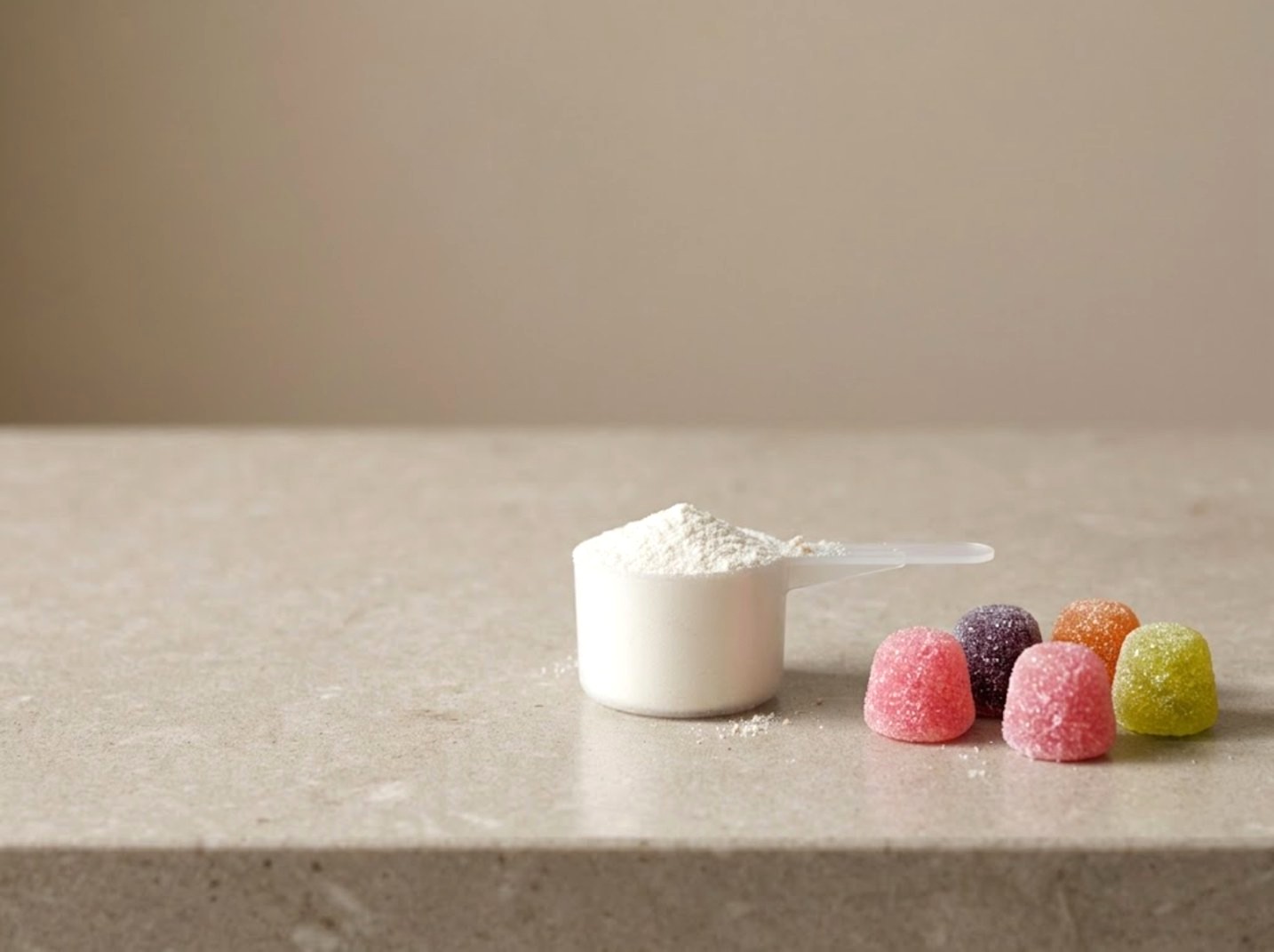 A scoop of white creatine powder next to five sugar-coated creatine gummies on a counter