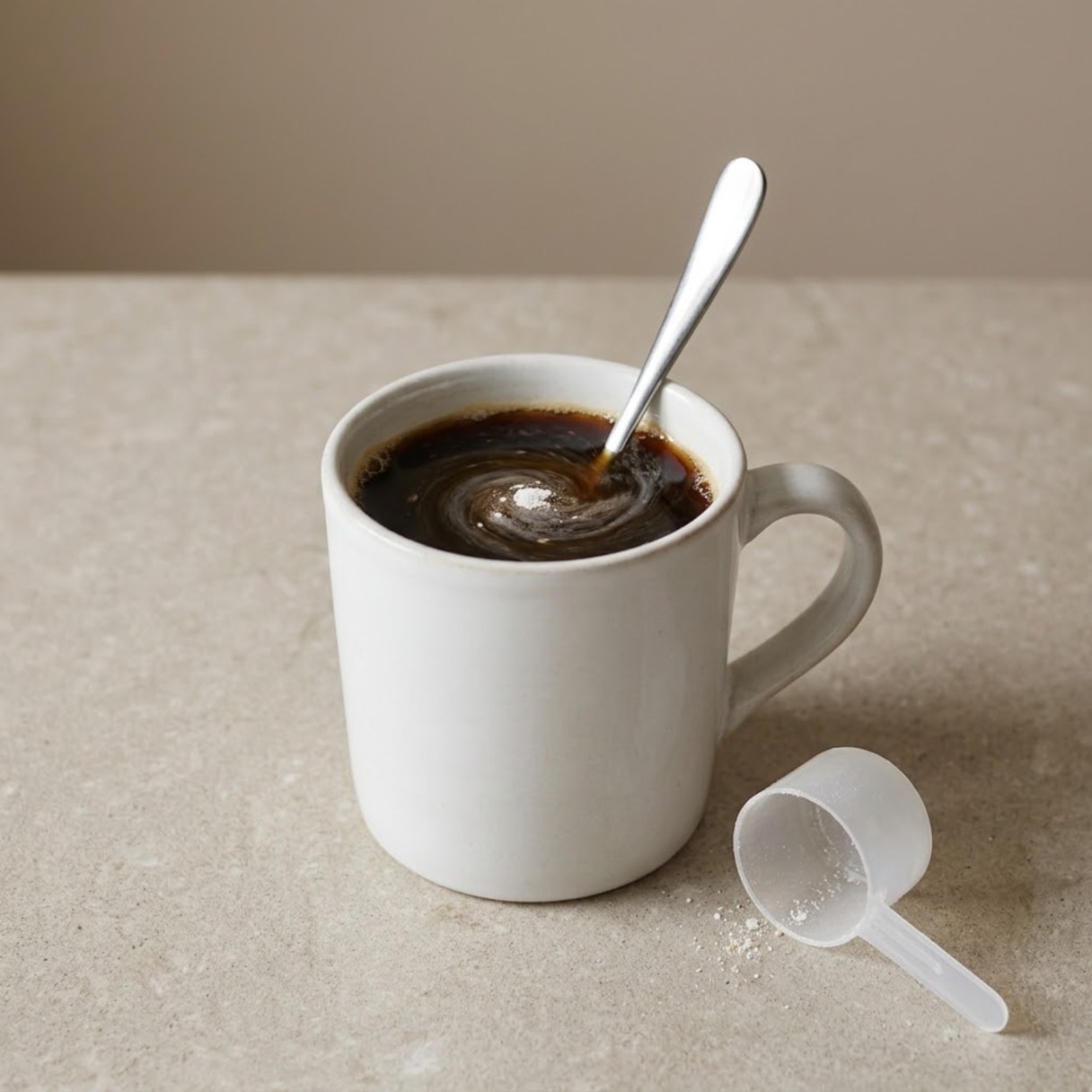 A spoonful of white creatine powder being stirred into a mug of coffee