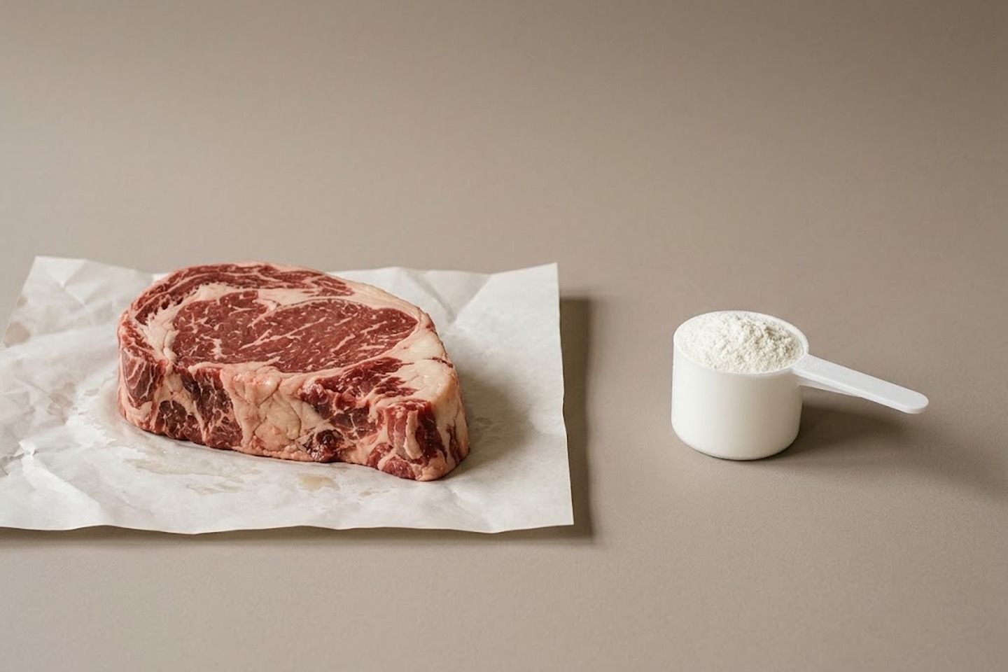 Illustration: a raw steak beside one scoop of white creatine powder on plain taupe paper