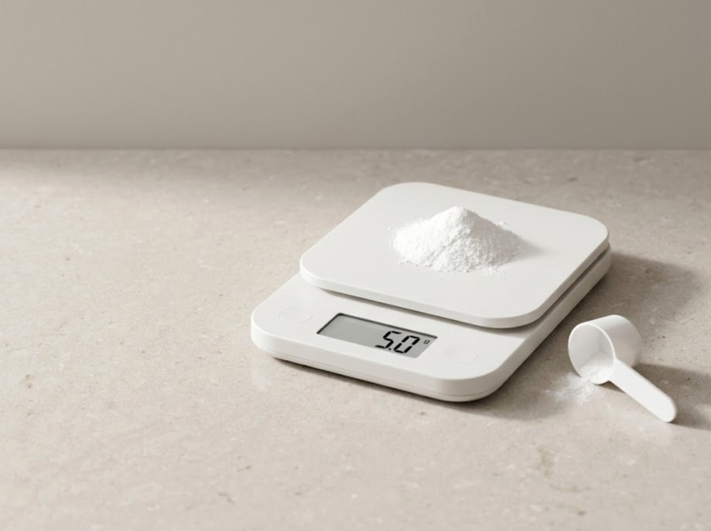 A white kitchen scale reading 5.0&nbsp;g with a small mound of white creatine powder on it, and a plastic measuring scoop beside it