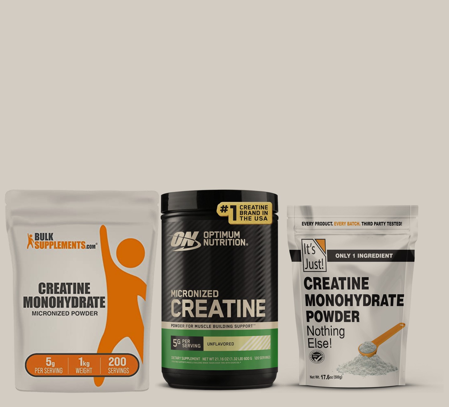 Three creatine products side by side: a BulkSupplements 1&nbsp;kg bag, an Optimum Nutrition tub and an It's Just! 500&nbsp;g bag